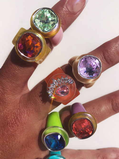 Close up on hand shot of MOUNSER Ring Pop in Venus colorful sculptural cocktail ring