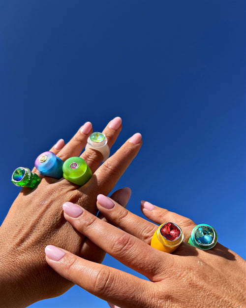 Model wearing MOUNSER Ring Pop in Aurora colorful sculptural cocktail ring