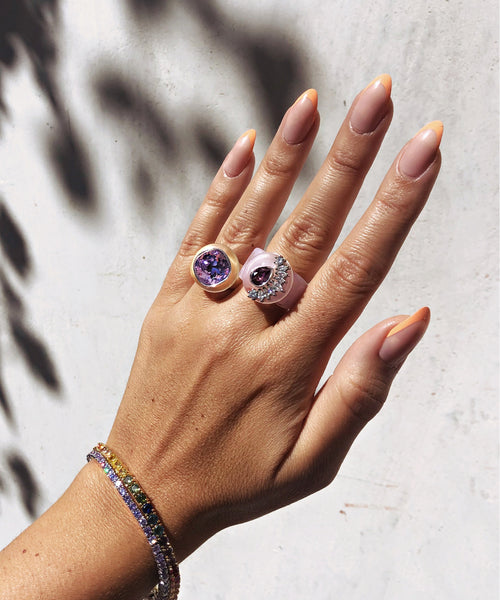 Model wearing MOUNSER Ring Pop in Siren colorful sculptural cocktail ring