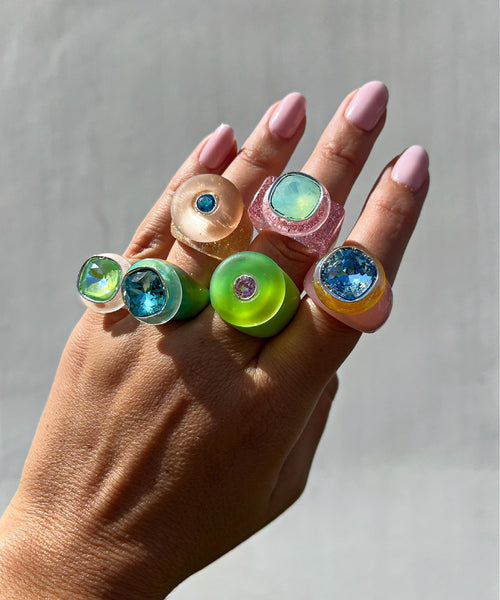 Model wearing MOUNSER Ring Pop in Terrapin Station colorful sculptural cocktail ring